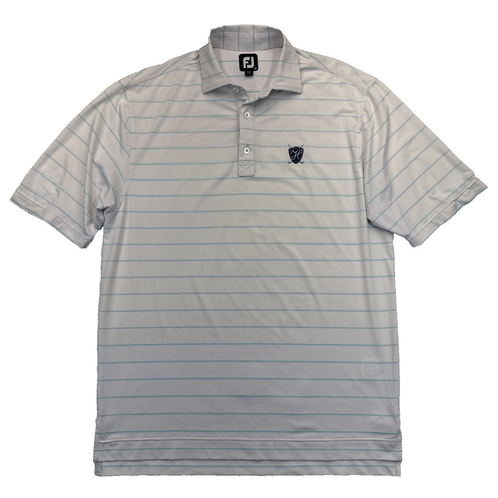 FootJoy FJ Polo Mens M White Blue Stripe Golf Preppy Country Club Crest